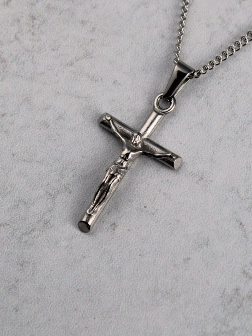 Silver Crucifix Cross Pendant Cuban Link Chain Necklace